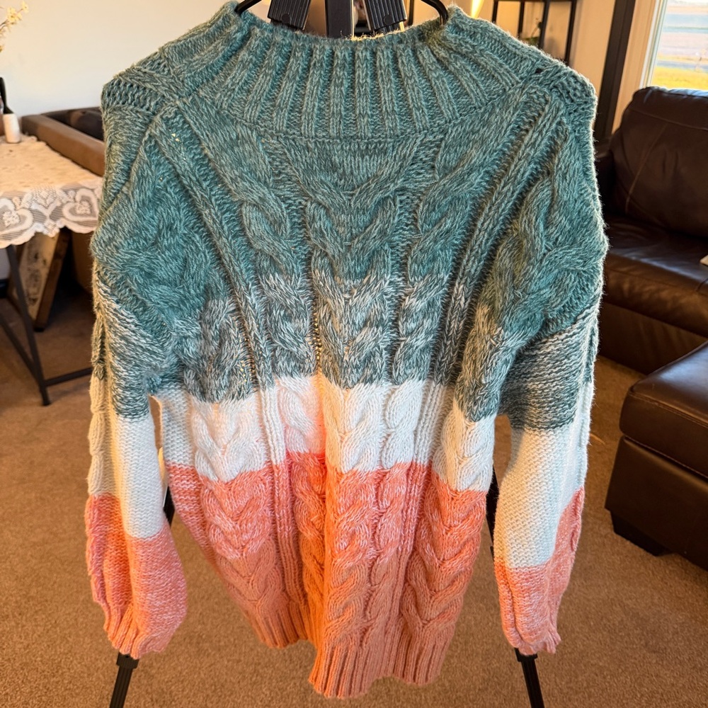 NWT Altar'd State Teal, White, and Peach Oversized Chunky Cable Knit Sweater $78
